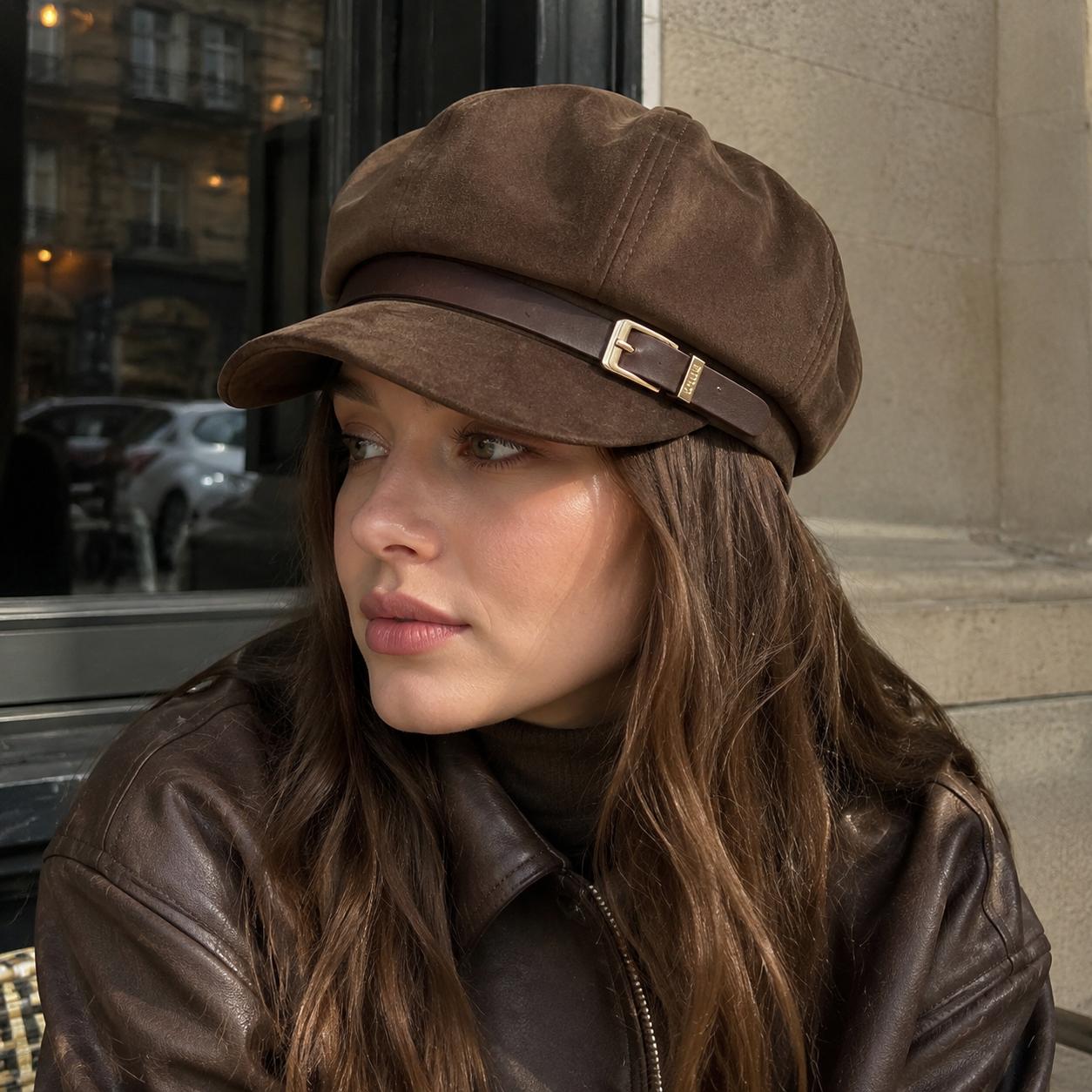 Béret rétro de style britannique pour femme, casquette octogonale en suède, chapeau d'artiste en cuir PU avec boucle, pour grande circonférence de tête, chapeau d'automne
