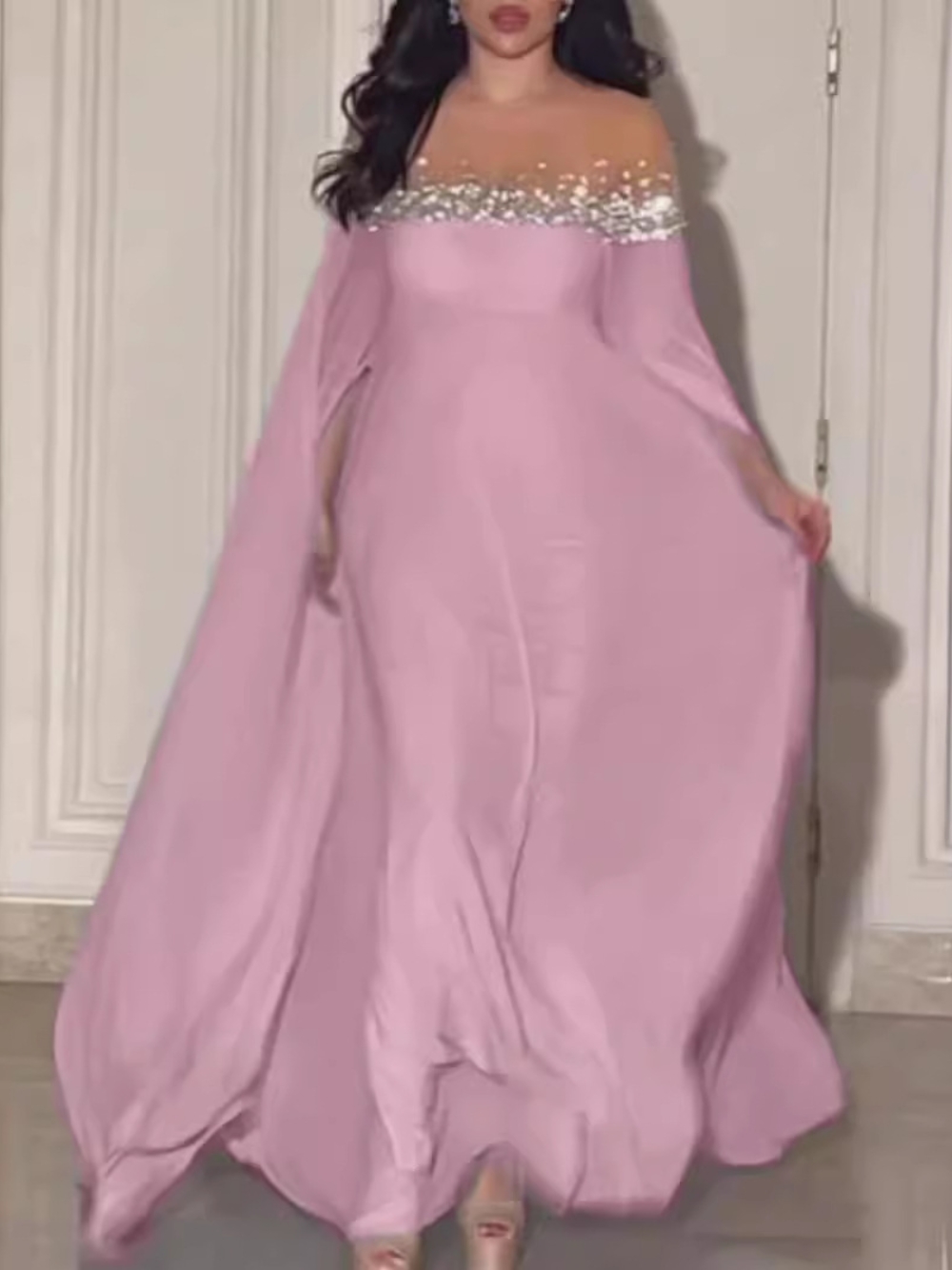 Arabe élégant en mousseline de soie cristaux Banquet porter pour les femmes musulmanes Cape manches brillant robe de soirée 3 couleurs charmante robe de bal