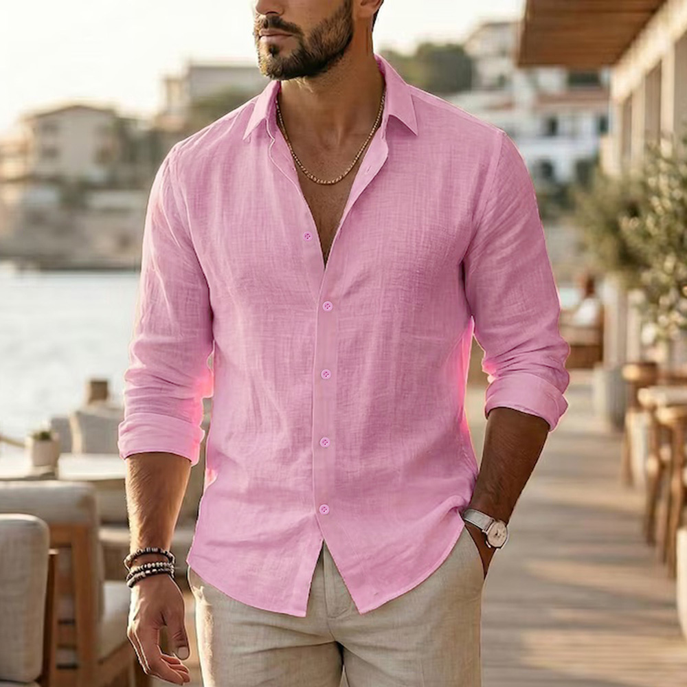 Chemise à manches longues pour hommes, en coton et lin, confortable, légère, style vacances, coupe ample, col à revers, chemises décontractées pour tous les jours