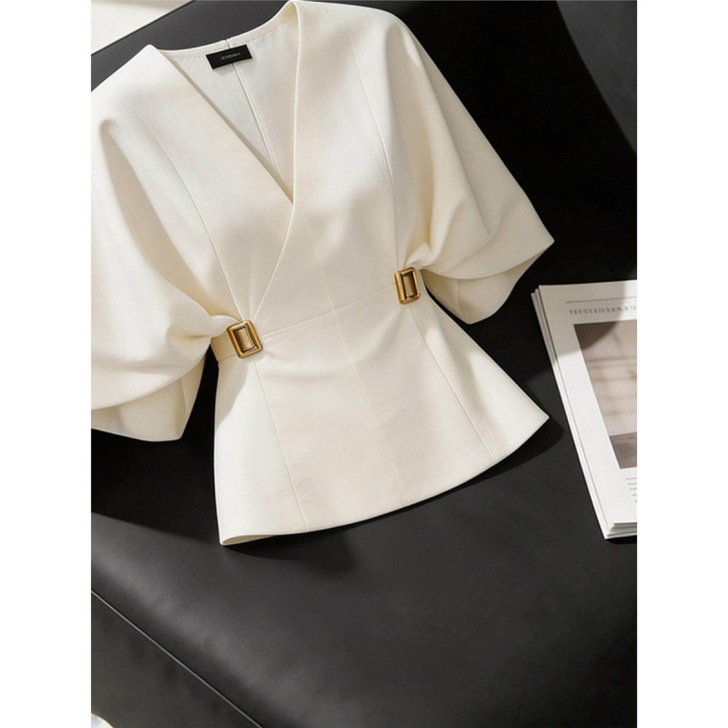 Chemisier élégant pour femme de bureau, col en V, manches chauve-souris, avec boucle à la taille, couleur unie blanche, chemise d'été tendance, vêtement formel pour femme