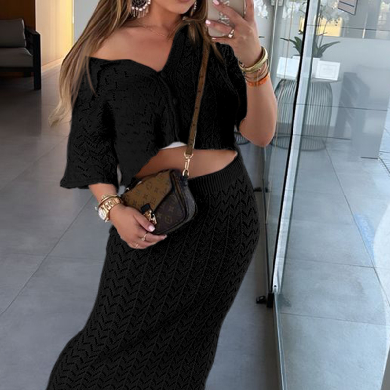 Femmes nouveau Style 2 pièces vêtements de plage couvrir couleur unie tricoté tenues ensemble vacances plage évider crème solaire haut jupe costume