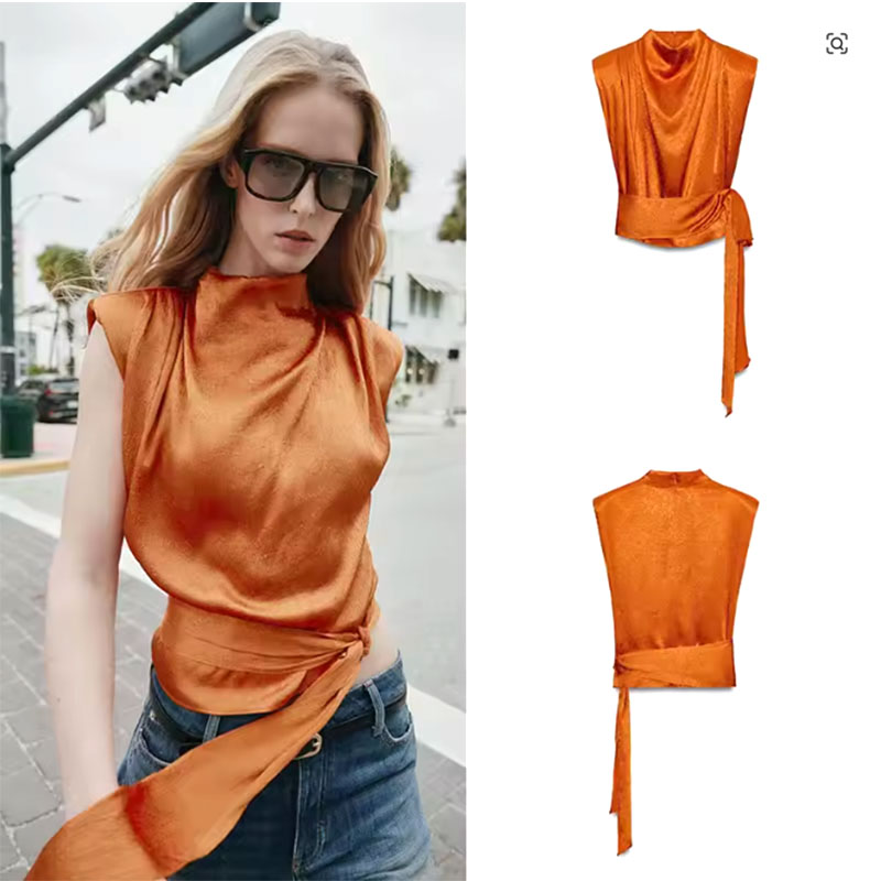 Haut court sans manches en satin à col châle, chemise élégante pour femme avec taille nouée sur le côté, débardeur luxueux et lisse effet soie