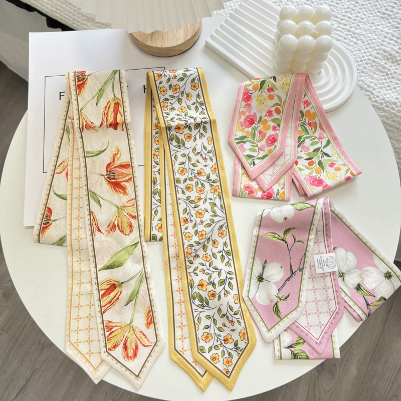 Longue écharpe en soie imprimée de fleurs de haute qualité, bandeau pour cheveux, ruban noué, nœud Long, ruban en Satin Vintage, accessoires pour cheveux pour femmes