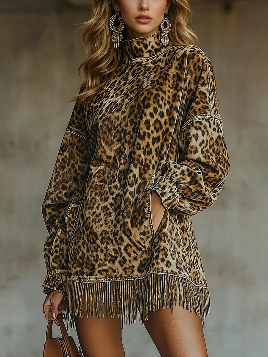 Robe courte à imprimé léopard pour femmes, col haut, manches longues lanternes, robe tunique décontractée ample avec poches, streetwear