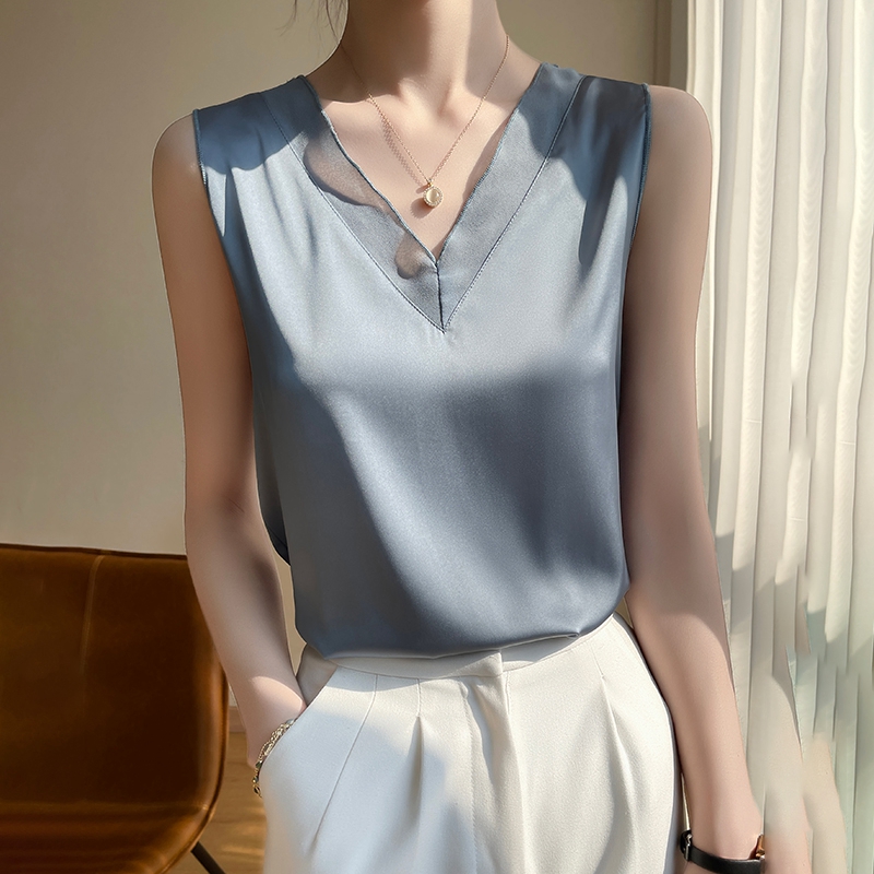 Débardeur sans manches en Satin et soie pour femme, haut à bretelles, col en V, basique, blanc, été