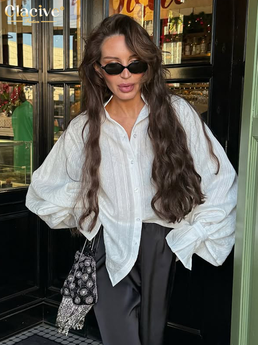 Clacive mode ample blanc coton femmes chemise 2025 décontracté revers à manches longues chemises élégant classique solide haut femme vêtements