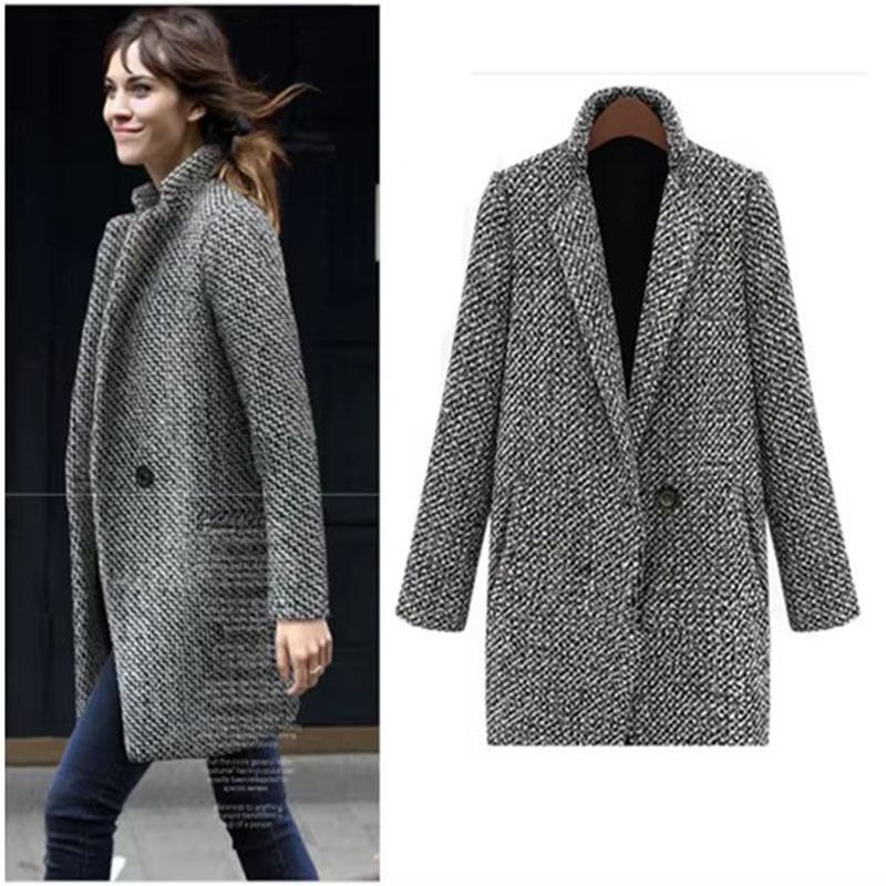 Manteau en laine pour femme, veste coupe-vent pied-de-poule, jambes européennes, grande taille, manteau d'hiver Long, printemps