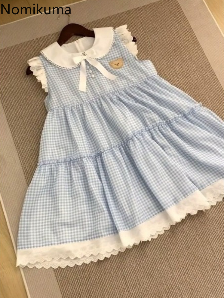 2025 robes De Mujer japonais Robe mignonne pour les femmes broderie ours Patchwork dentelle Robe ample Femme décontracté Chic robes à carreaux