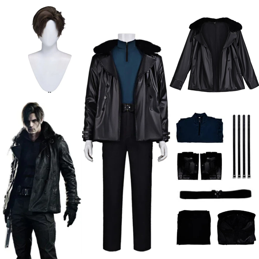 Costume de cosplay Resident Evil, film d'horreur, Leon Kennedy, ensemble complet, manteau, ceinture et perruque, tenue de jeu pour Comic Con, Halloween, jeu de rôle