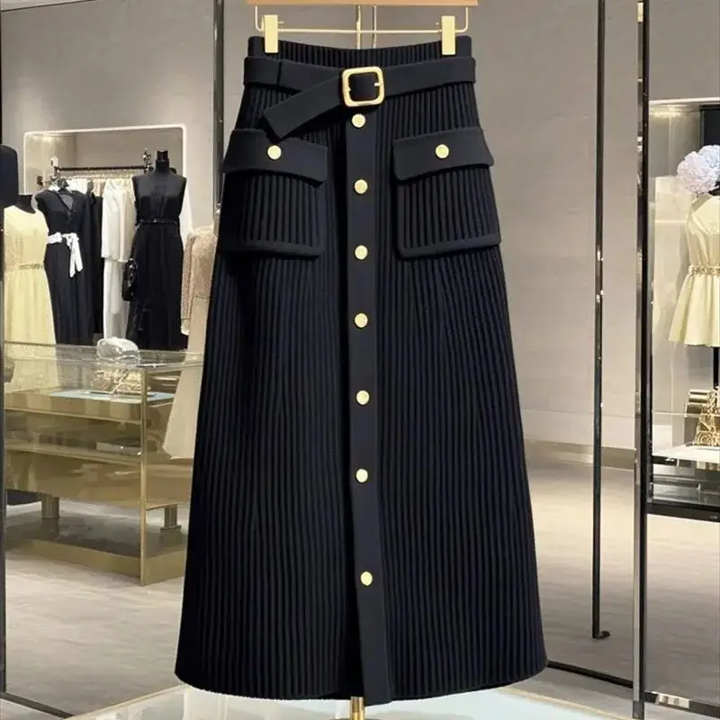 Jupe tricotée enveloppée taille haute pour femme, élégante, tenue de bureau, nouvelle mode, simple boutonnage, Slim, en laine, mi-longue, automne