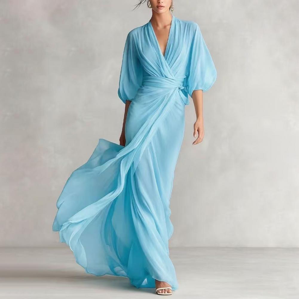 Robe de bureau pour femme, col en V, longue, été automne, taille nouée, coupe trapèze, demi-manches, décontractée, maxi