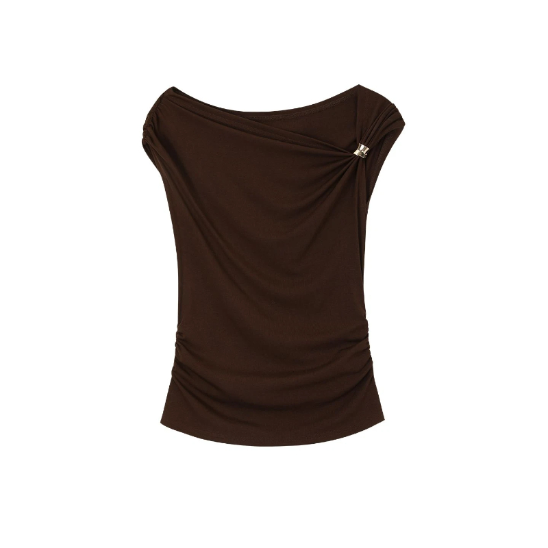 T-shirts plissés asymétriques élégants et basiques à manches courtes pour l'été, hauts sexy unis et polyvalents, vêtements féminins tendance et raffinés