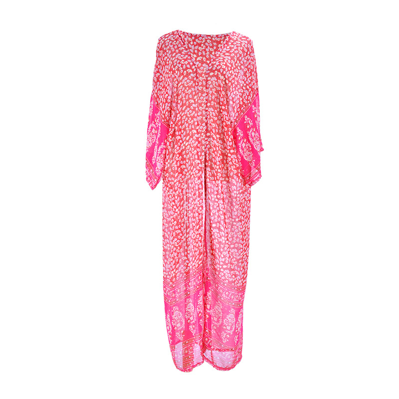 AYUALIN-Kimono vintage en mousseline de soie, imprimé floral, rose, style boho, cover-up pour la plage, vêtements pour femmes