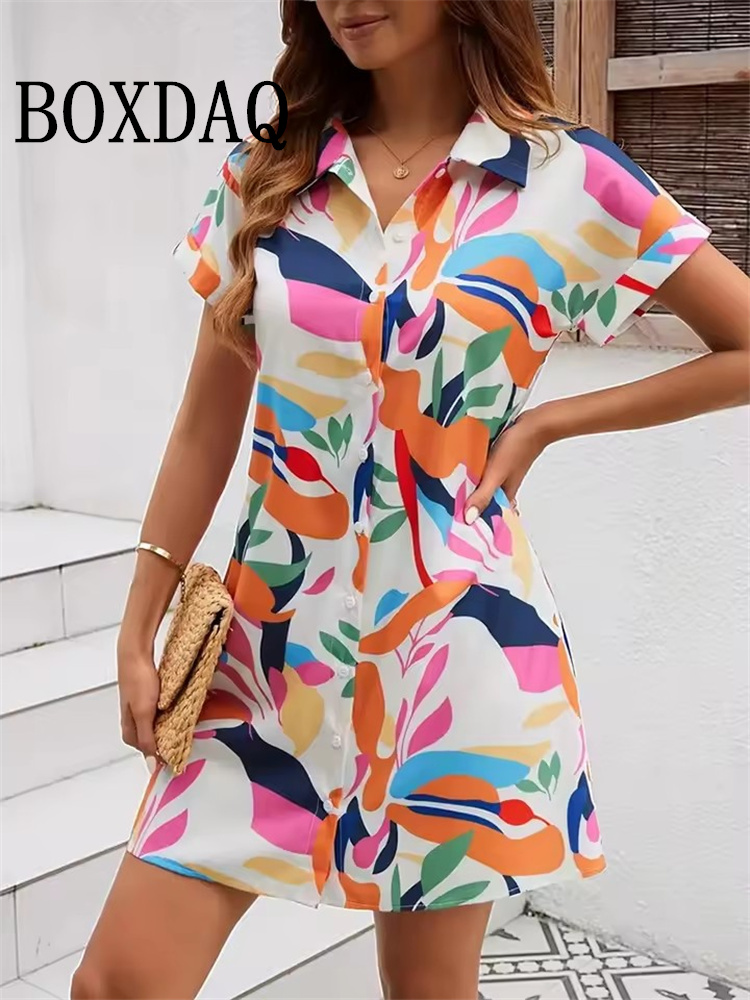 Robe d'été pour femmes, mode géométrique imprimée, manches courtes, robe de soirée élégante, décontractée, boutons, chemises à revers, 2025
