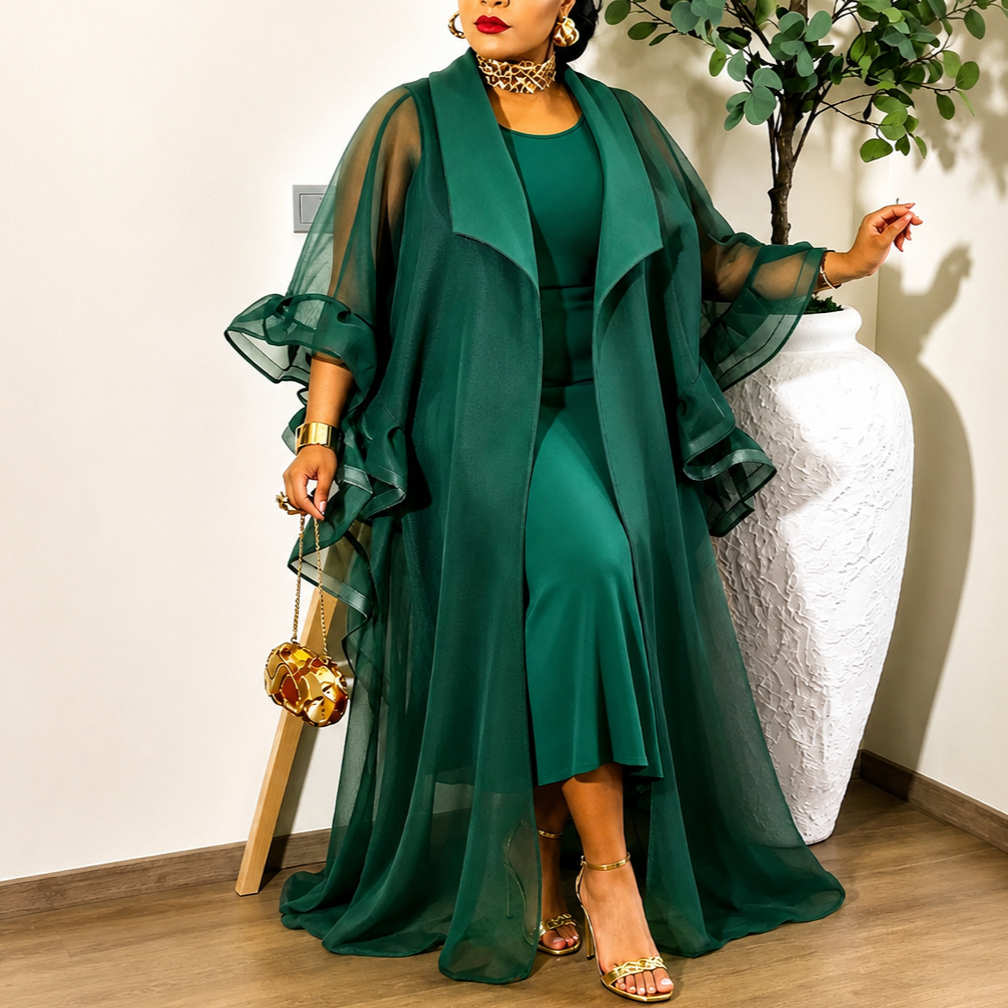 Ensemble deux pièces pour femmes africaines, avec robe intérieure sans manches à col rond et cache-maillot transparent à revers, pour invitées de mariage, cérémonies religieuses, fêtes et festivals