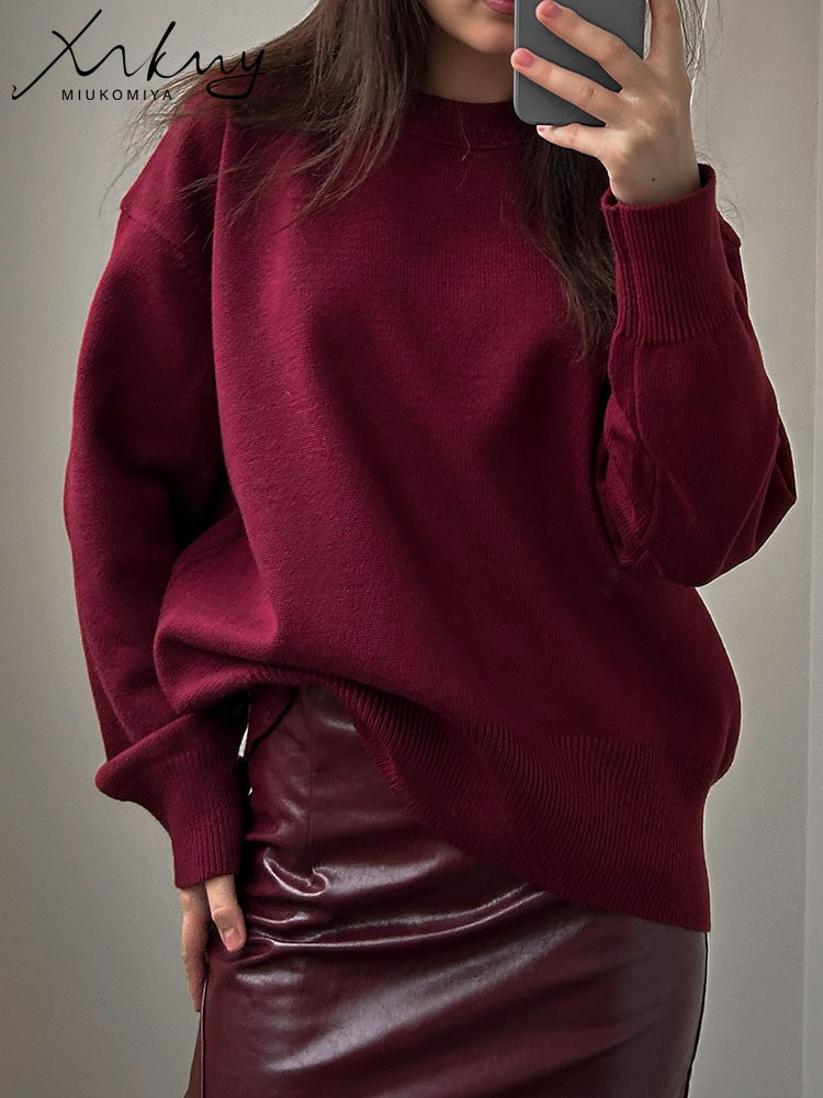 MiuKoMiYa femmes hiver surdimensionné pull bordeaux col rond Vintage pulls en vrac chandails de noël pour les femmes hauts élégants