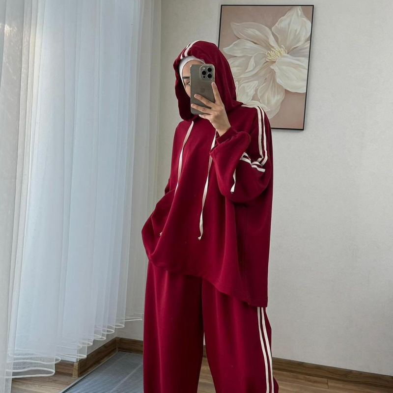 Costume musulman pour femmes, haut à capuche, pantalon à jambes larges, ensemble 2 pièces, sweat-shirt à capuche, tenues sportives à rayures, survêtement