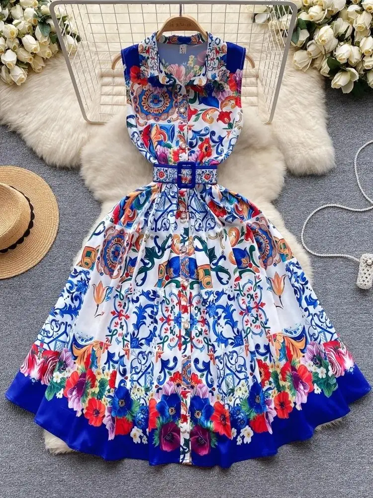 Robe de soirée élégante pour femme, robe trapèze mince avec ceinture, robes à fleurs imprimées, robe midi taille haute vintage pour femme, été