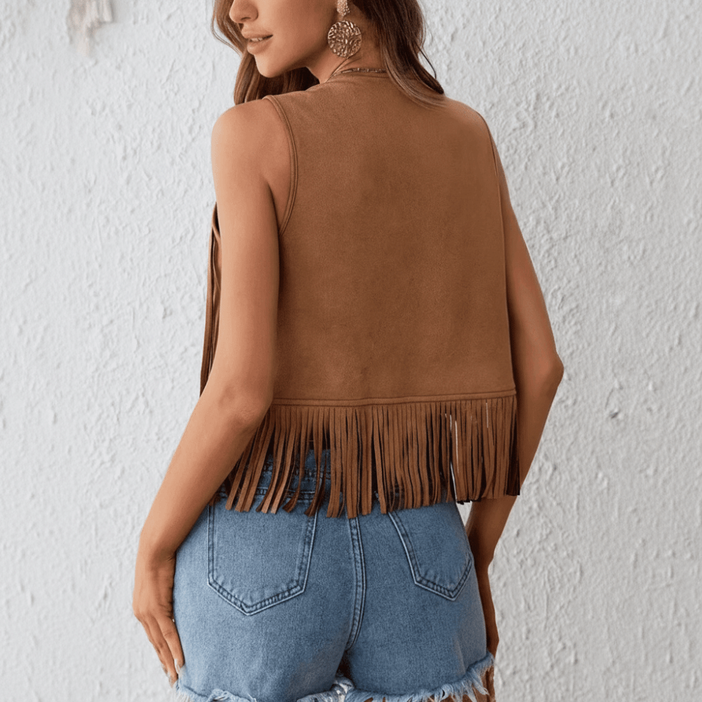 Gilet rétro à franges tendance avec détails rivetés, veste ouverte style western, noir/marron, sans manches, pour femme