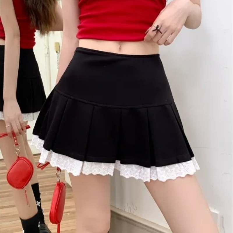 Mini-jupe plissée avec bordure en dentelle, taille haute avec short intégré, mini-jupe pour femmes, style Y2k, préppy, gothique, printemps été 2026