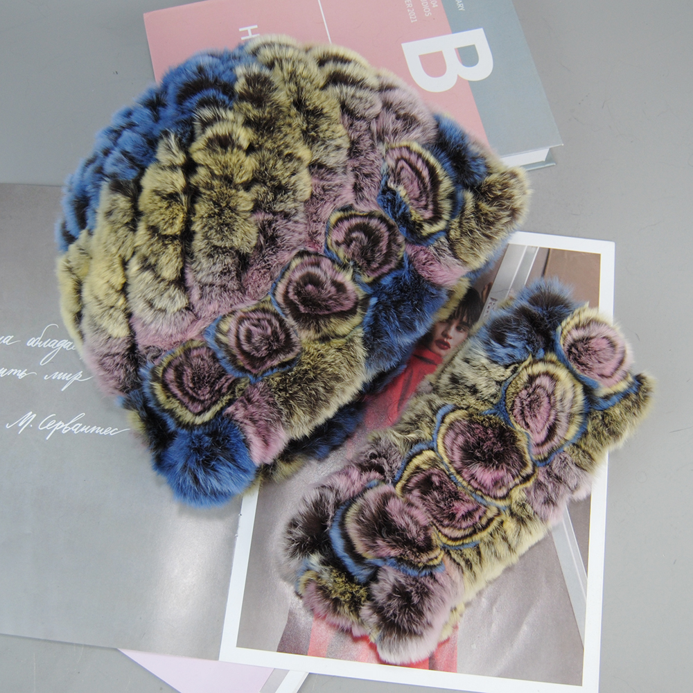 Chapeau et écharpe en fourrure de lapin Rex véritable pour femme, ensembles de silencieux, bonnet en fourrure pour fille, tricot naturel, haute qualité, dame, mode, hiver, 100%