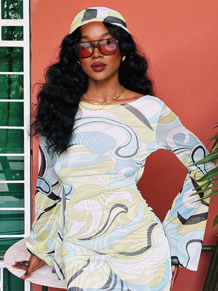 Robe longue imprimée sans dos pour femme, col rond, manches longues, coupe droite, mode été 2026, nouvelle collection streetwear pour femme