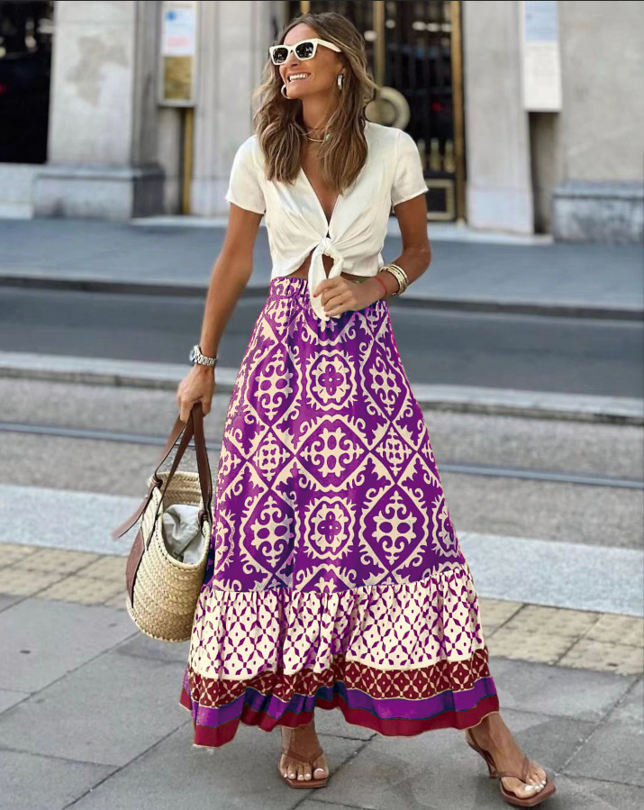 Jupe évasée imprimée à taille élastique pour femme, jupe midi bohème à empiècements, idéale pour la plage et le quotidien