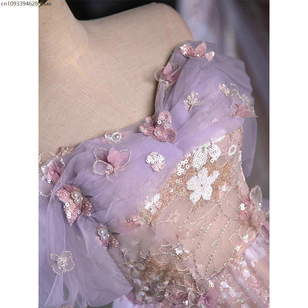 Robe de soirée de luxe rose violet pour femmes, douce plissée, épaules dénudées, avec des appliques de fleurs, robe de bal à paillettes, ligne a