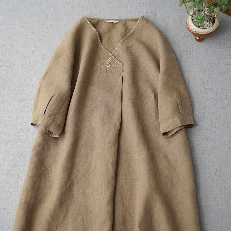 Robe Midi Confortable en Coton et Lin à Col en V pour Femme, Grande Taille, Modèle d'Été Ample à Manches Courtes, Design Artistique
