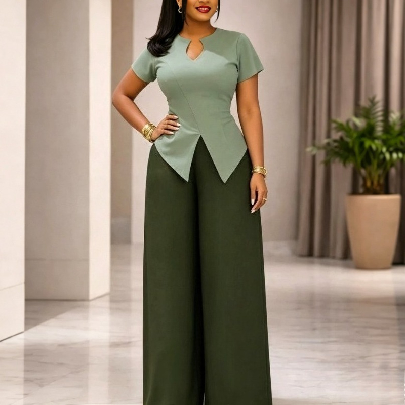 Ensemble décontracté deux pièces pour femme : haut chic à col en V et manches courtes, pantalon taille haute à jambes larges – Tenue quotidienne simple et élégante