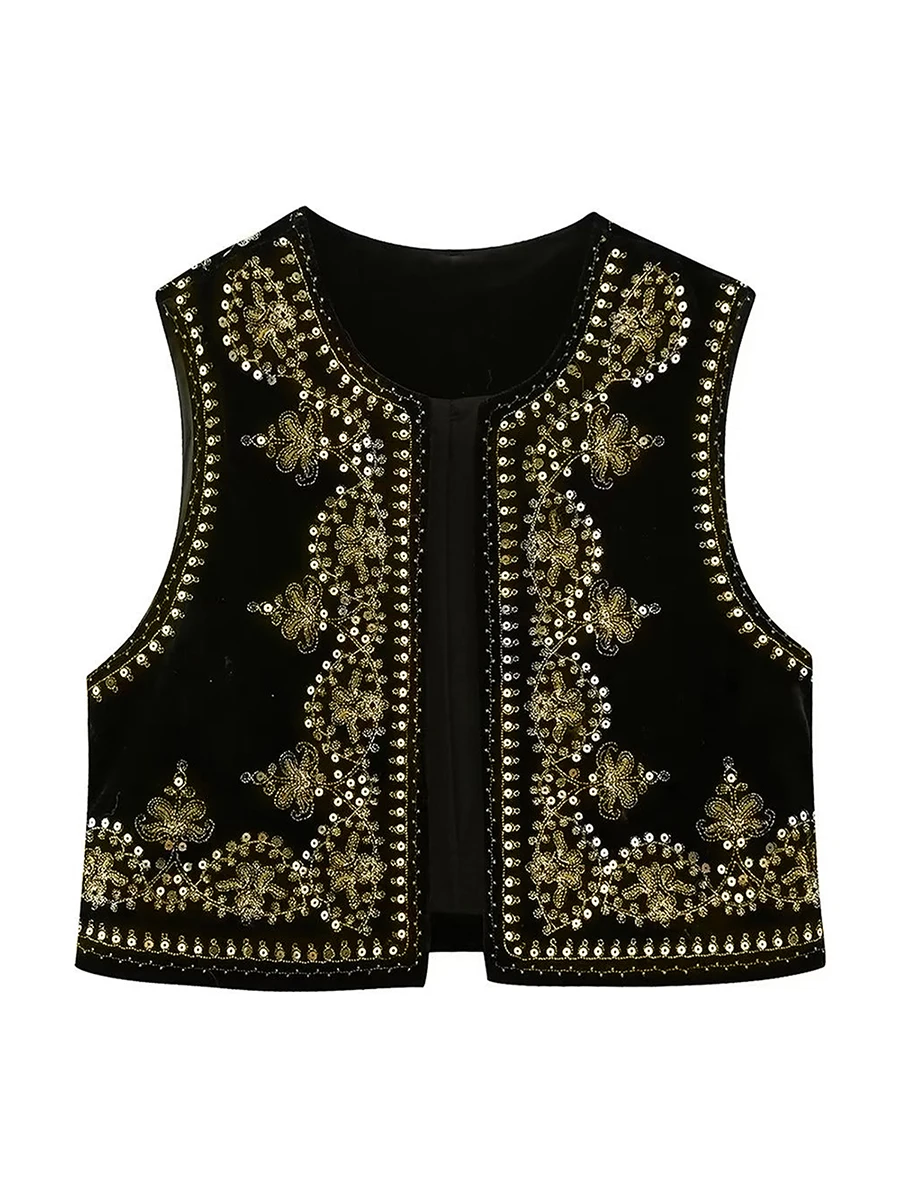 Gilet brodé noir Vintage à motif Floral pour femmes, sans manches, ouvert sur le devant, court polyvalent, vêtements d'extérieur y2k, Cardigan Boho court