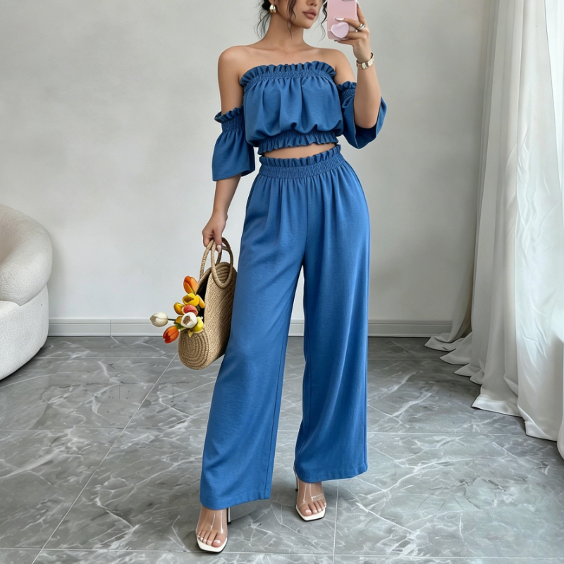 Ensemble 2 pièces pour femme : Haut court à volants épaules dénudées et pantalon large – Tenue décontractée pour l'été, les vacances, les soirées ou comme survêtement de détente