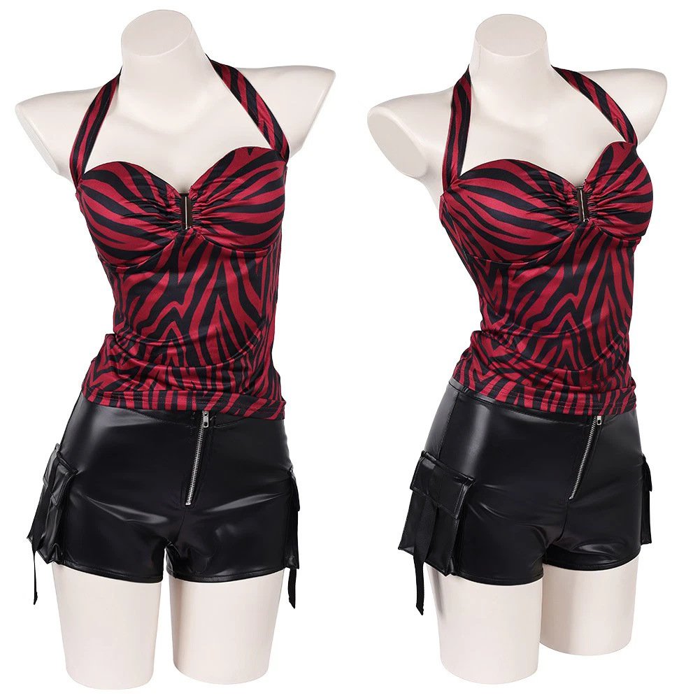 Tenue de cosplay Obsession Nikki : Haut licou zèbre et short cargo en similicuir, style punk streetwear, pour Halloween et carnaval