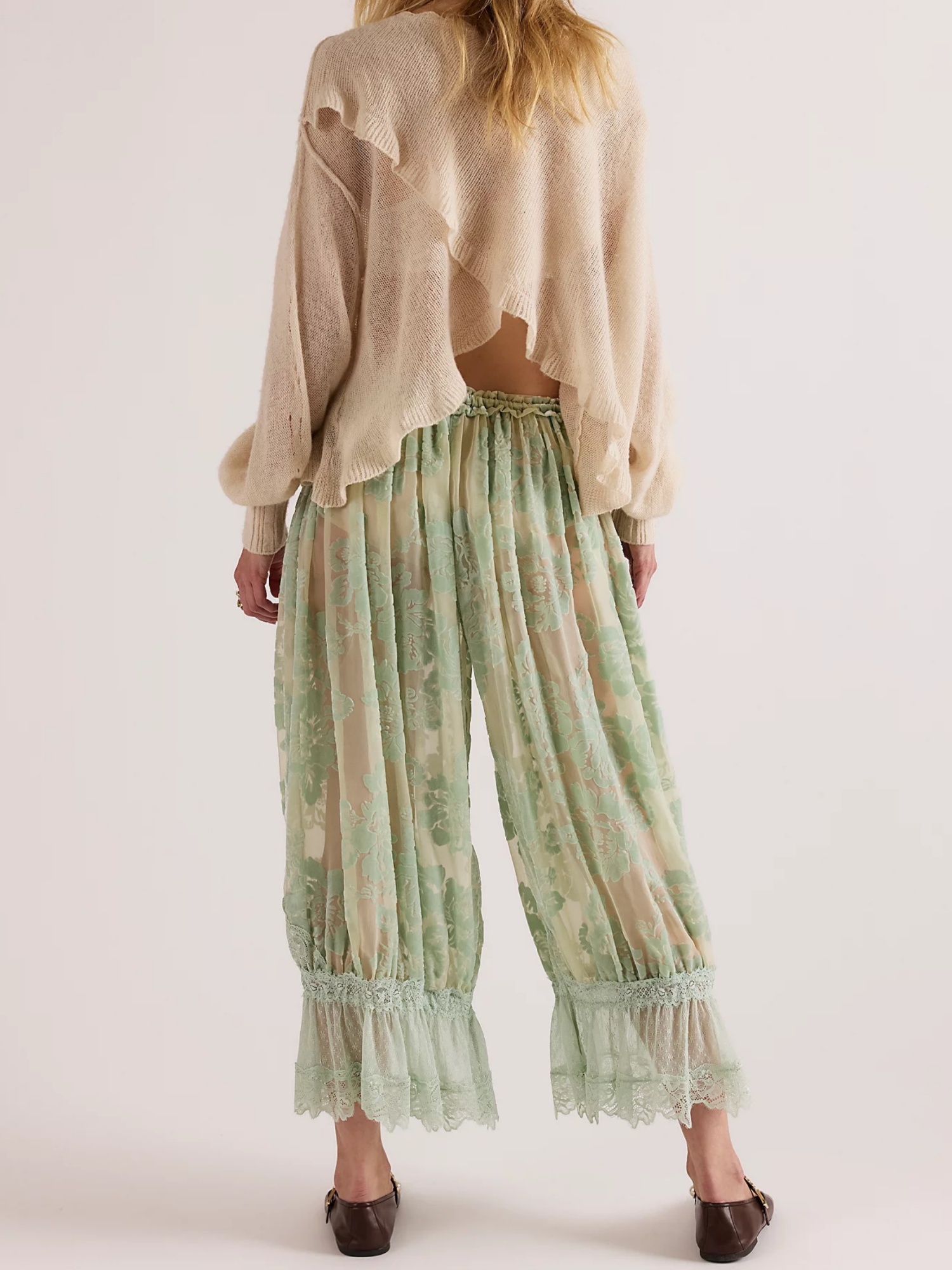 Pantalon Lanterne Lamuusaa pour Femme, Vêtement Élégant, Motif Floral en Velours, Taille Basse, Bordure en Dentelle, Pantalon Patte d'Éléphant, Streetwear