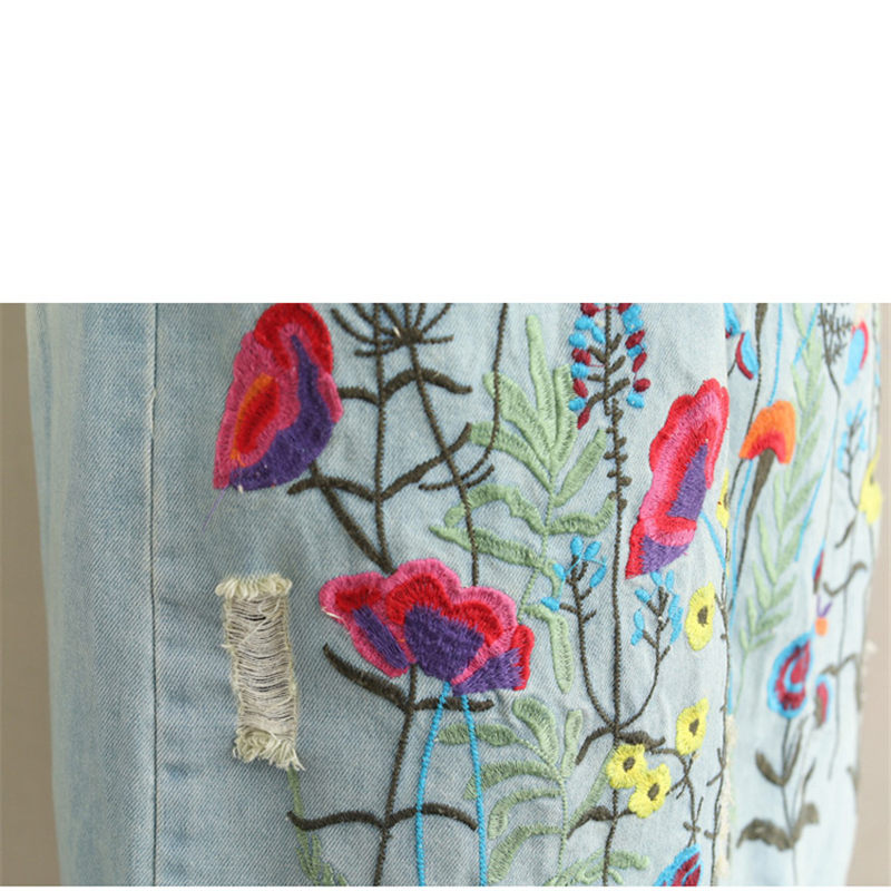 Jupe en jean taille élastique pour femmes-jupe longue brodée Vintage extensible confortable avec poches tenue décontracté coréenne F1209