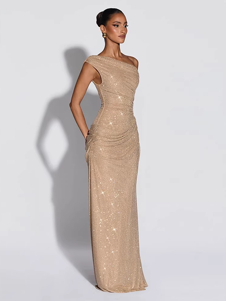 Nouvelle collection Printemps/Été 2026, Robe longue élégante pour femme, coupe ajustée, épaule asymétrique, ornée de strass, pour soirée
