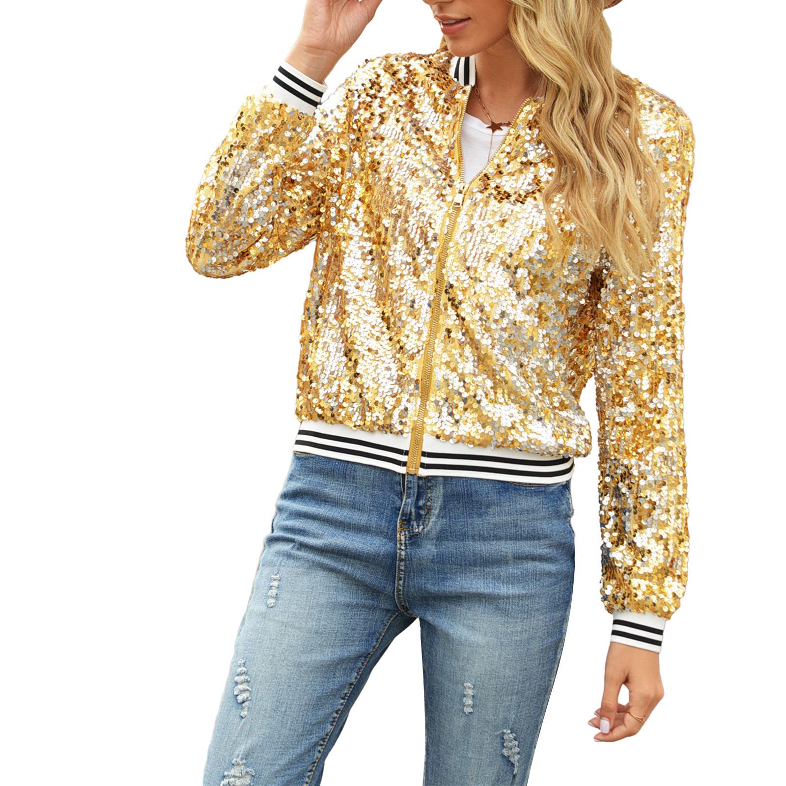 Veste zippée à paillettes brillantes pour femmes, cardigan léger à manches longues, streetwear décontracté, vêtements d'extérieur d'automne, nouvelle mode, 2024
