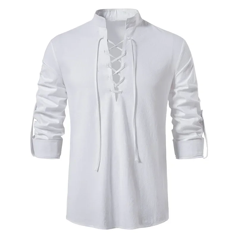 T-shirt en coton et lin à manches longues pour hommes, chemise à lacets décontractée, col Henley, coupe solide, vêtements de plage, vêtements de vacances d'été, chemise document