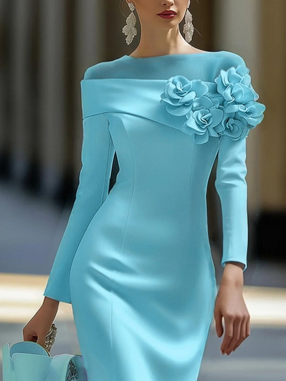 Femmes élégantes 3D Floral col rond robe formelle automne printemps solide mince moulante hanches robe à manches longues robes de soirée au genou