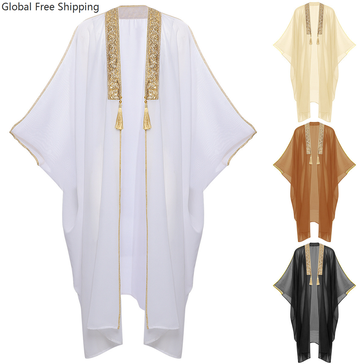 Robe musulmane en mousseline de soie de style kimono pour hommes, turque, arabe, islamique, Robe musulmane pour hommes, Cosplay, Ramadan, Robe brodée, vêtement de prière