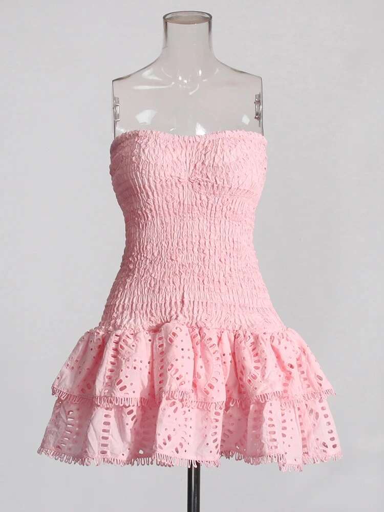 Robe plissée en Patchwork rose pour femmes, tenue décontractée, sans bretelles, sans manches, taille haute, ajourée, élégante, amincissante, P5ZS