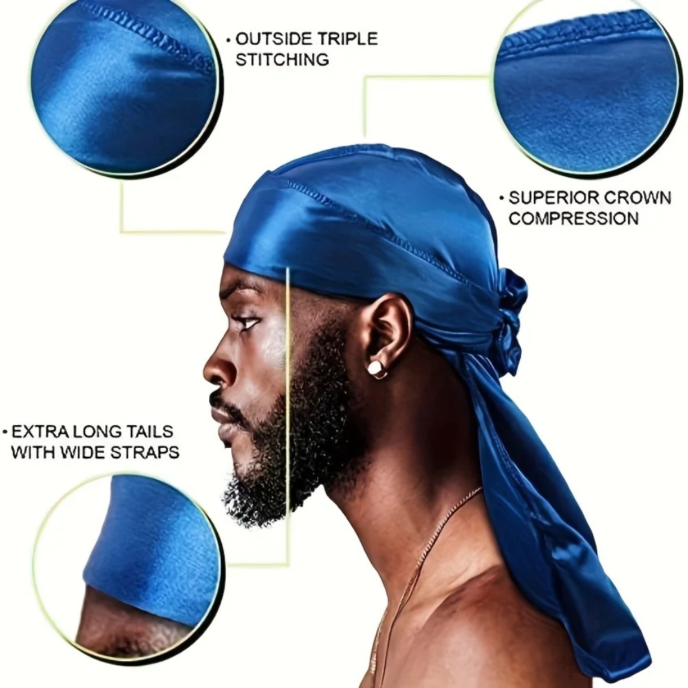 Durag en soie pour homme, bonnet bandana soyeux, Doo Rag à longue queue, casquette pour ondulations