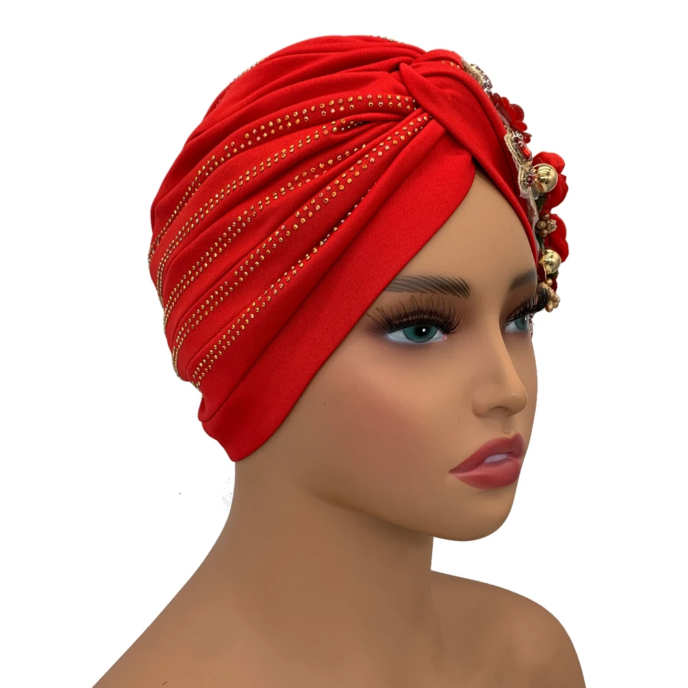 Turban Africain à Fleurs et Diamants pour Femme, Chapeau Sarf Torsadé pour ixde Mariage, Style Nigérian