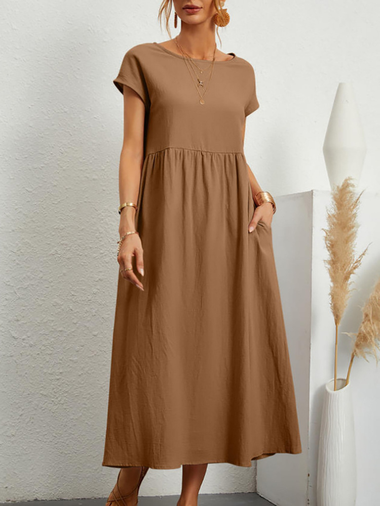 Robe longue Vintage en coton et lin pour femmes, couleur unie, élégante, col rond, manches courtes, décontractée, ample, été, 2023