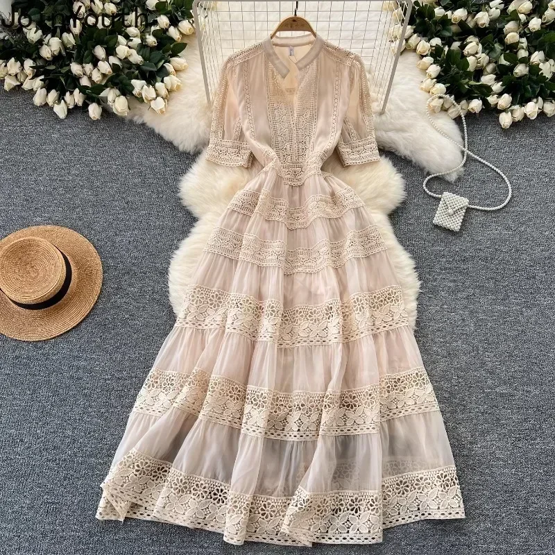Robes d'été pour femmes taille mince à manches courtes Vintage Robe Femme Patchwork dentelle évider Robe Maxi 2025 robes De Mujer