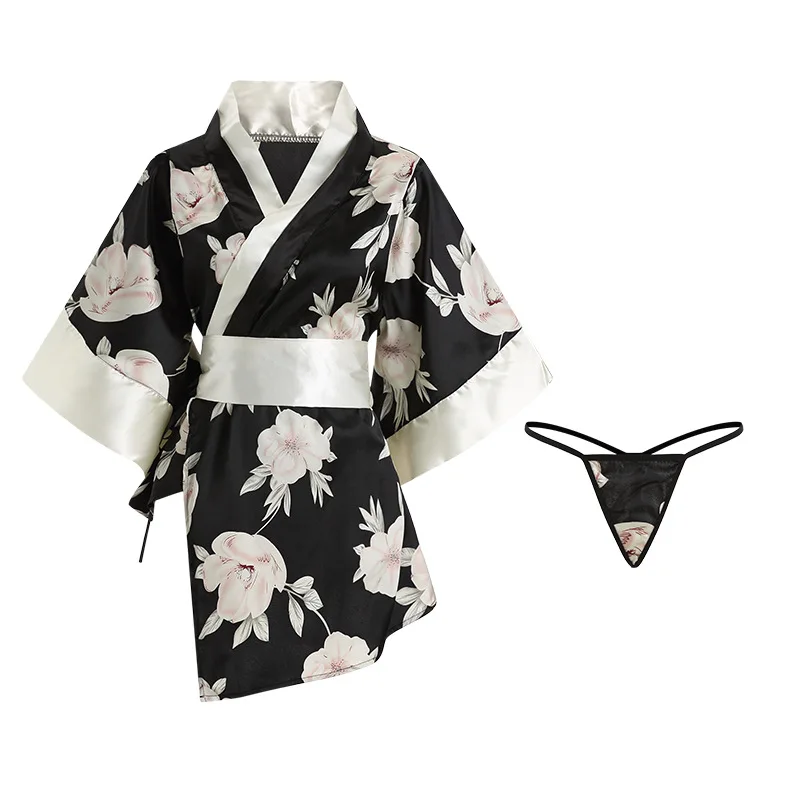 Robe Kimono traditionnelle japonaise pour femmes, Costumes de Cosplay Sexy, tenues de demoiselle d'honneur, Kawaii, Lingerie à fleurs noires, pyjama, jeu de rôle