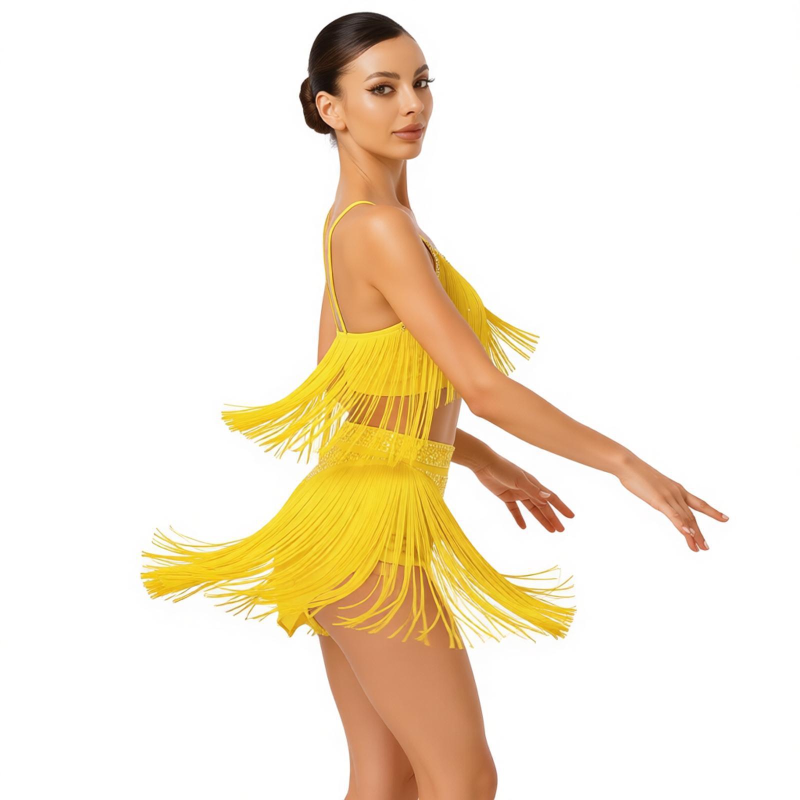Tenue de danse latine pour femmes, haut court dos nu à bretelles + jupe à franges superposées pour la danse de salon, jazz, chacha, salsa, costume de danse