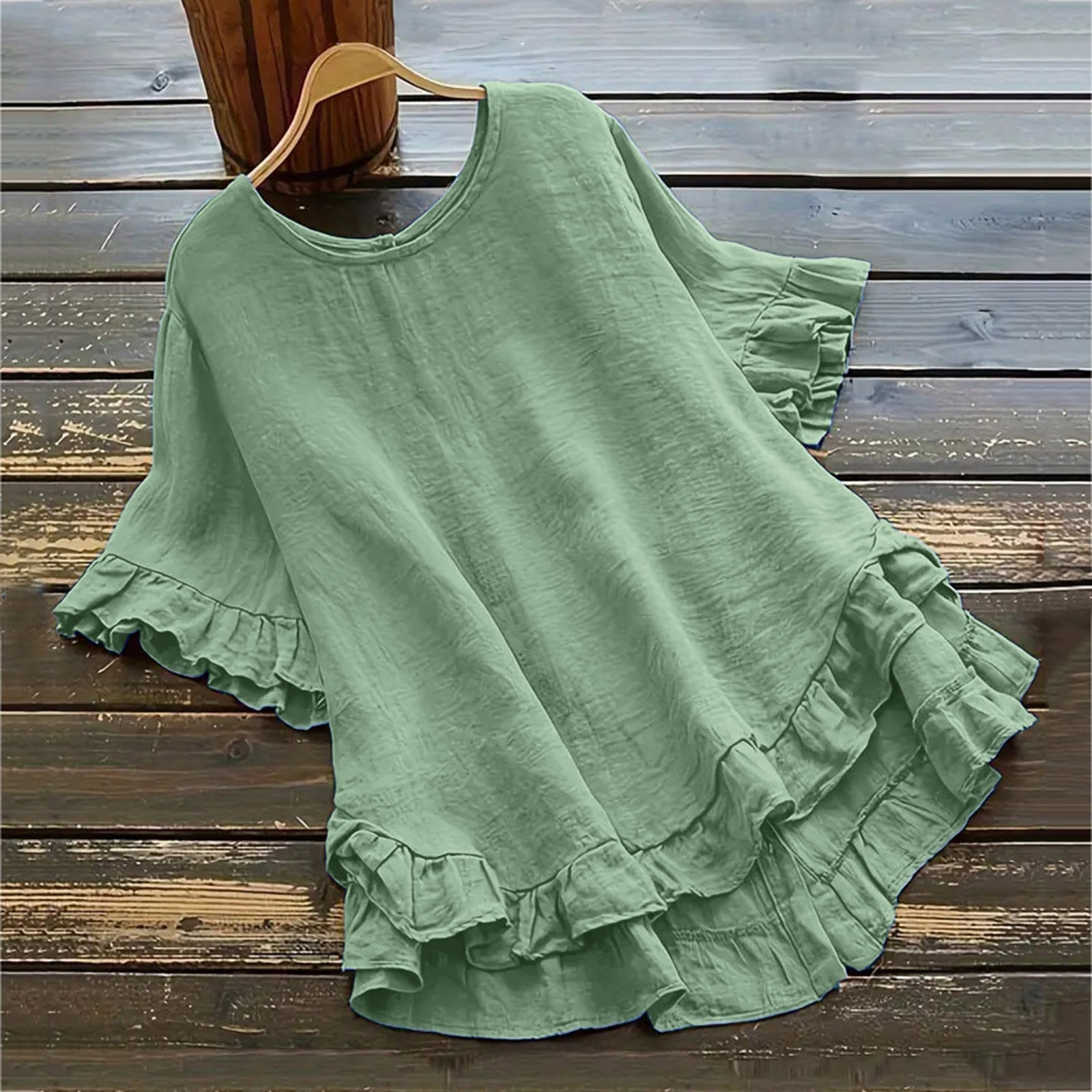 Femmes coton lin hauts et chemisiers à volants garniture à manches courtes Blouse Woamn vêtements solide décontracté col rond Blusas amples