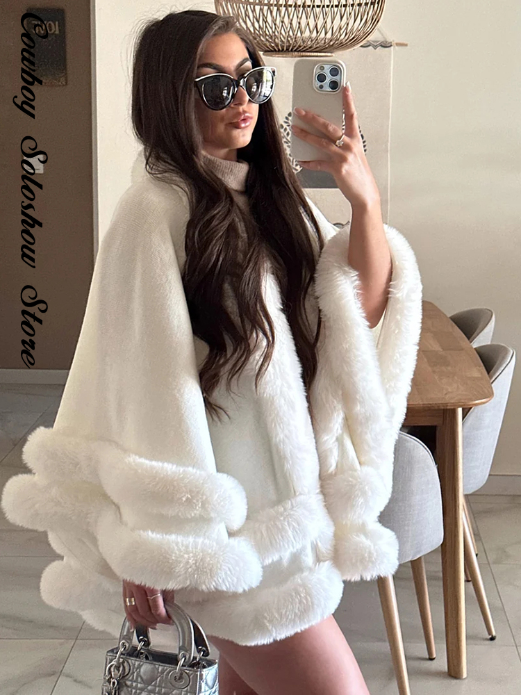 Poncho élégant en fausse fourrure pour femme, cape ample et chaude à col en V, manteau court d'automne, nouveau style décontracté chic de rue, manteaux chauds d'hiver, 2026