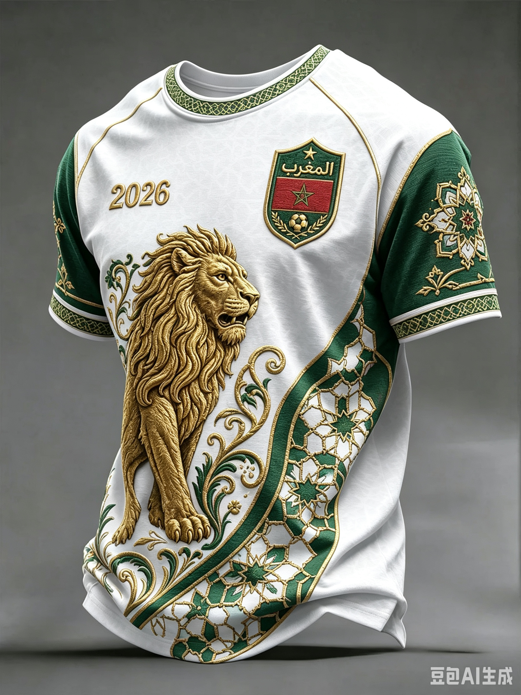 Maillot de football Maroc 2026 avec emblème Lion, broderie mosaïque marocaine complexe, écusson, coloris rouge-vert, garniture ornée, respirant